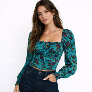 Free People Green Floral Long Sleeve Boho Peasant Blouse NWT XS